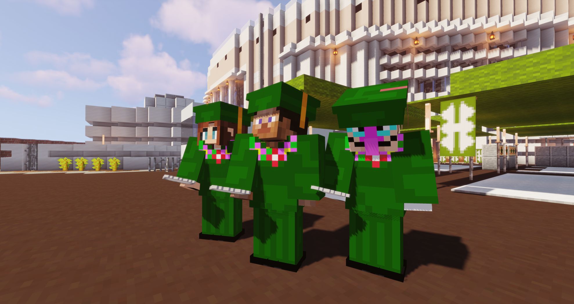 Minecraft characters dressed in a cap and gown
